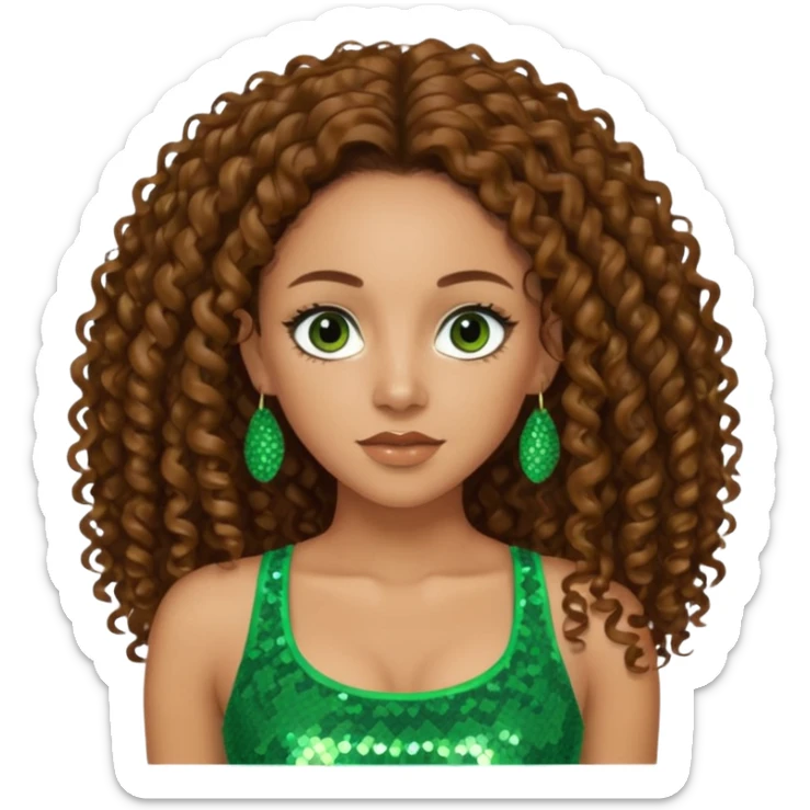 Melanie Brown with long brown curly hair, green sequin crop top, brown eye sticker