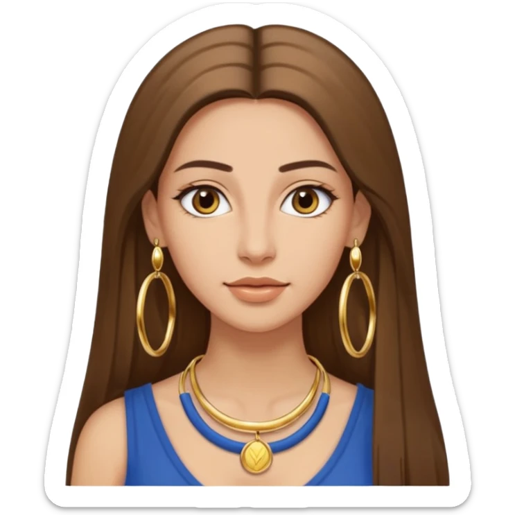 attractive Greek woman with long straight hair and light skin wearing gold hoop earrings and a gold necklace sticker