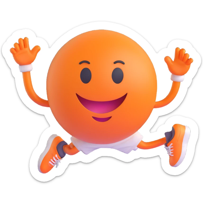 3D smiley emoji, round shape, student in sports gear, orange color, energetic face sticker