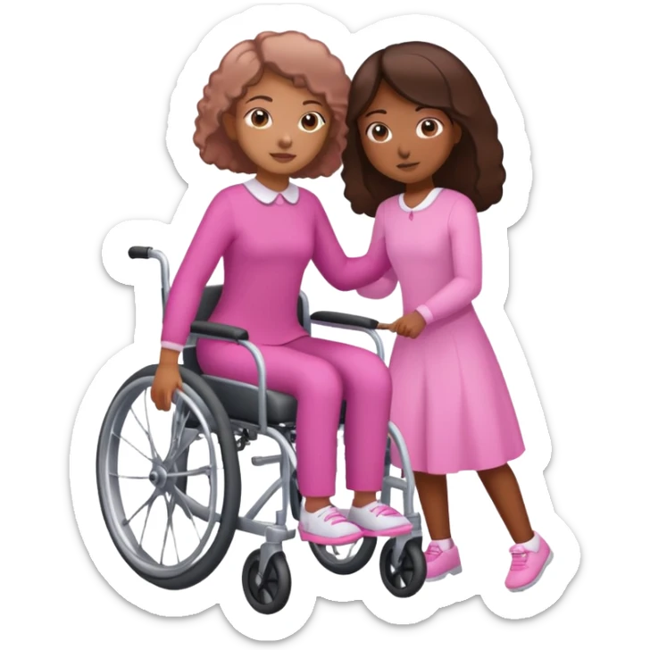 One tan skin sister standing behind her brown skin sister in a pink wheelchair sticker