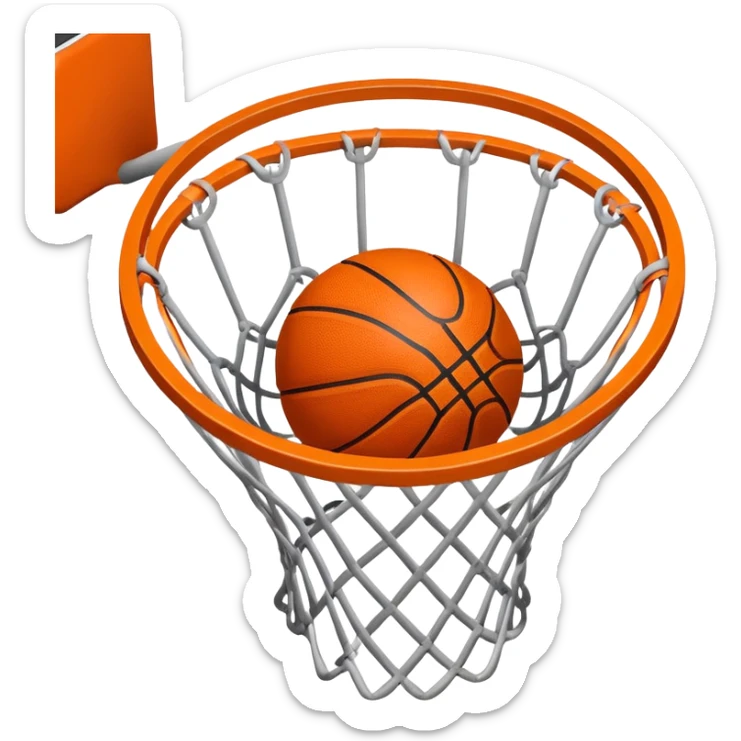 Top-down view of basketball pushing through center of net, iOS emoji style sticker