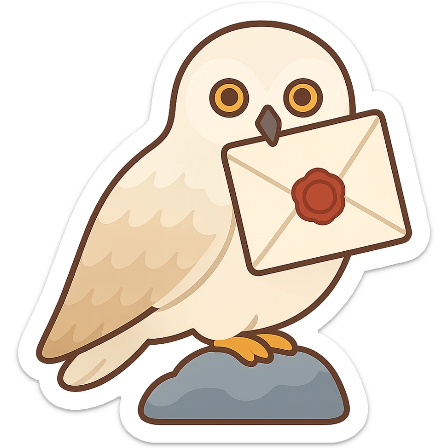 Cute snowy owl holding a letter in its beak, in Color Filled icon style with no outlines, clear shadows and highlights, simple and charming, no background. sticker