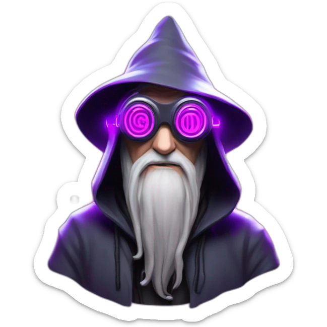 Gandalf wearing a black hoodie with "OMG" letters on it and VR headset in a cyberpunk VR environment with violet neon lighting. sticker