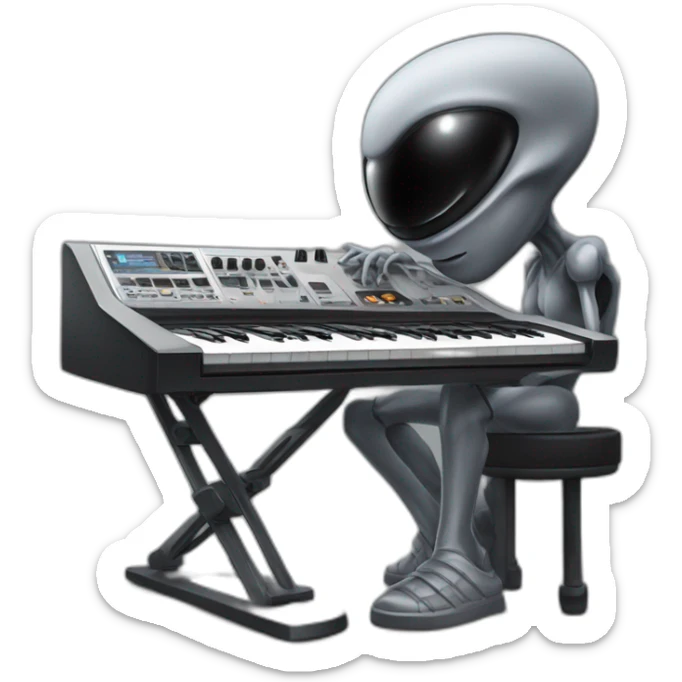 A Classic emoji of grey Big black eyed Alien playing in front of an AKAI MPC XL sticker