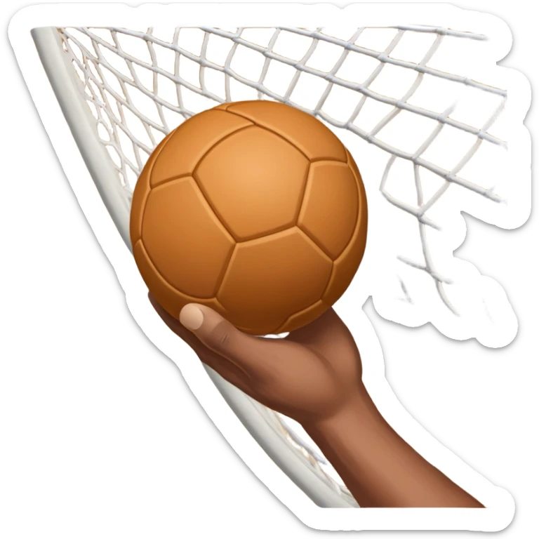 A close-up of a hand gripping a handball, with the handball gates visible in the background. The focus is on the texture of the ball and the strength of the grip, with the goal net slightly blurred to emphasize the anticipation of the throw. sticker