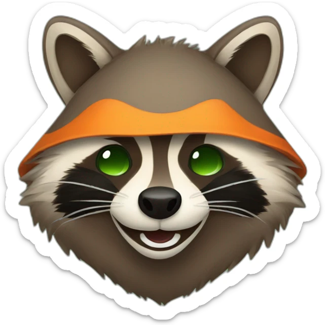 brown raccoon with orange eyes and a dark green hood that is laughing sticker