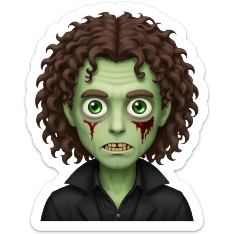 long curly haired male zombie with brown hair color and green eye color, with dark vampire clothes sticker