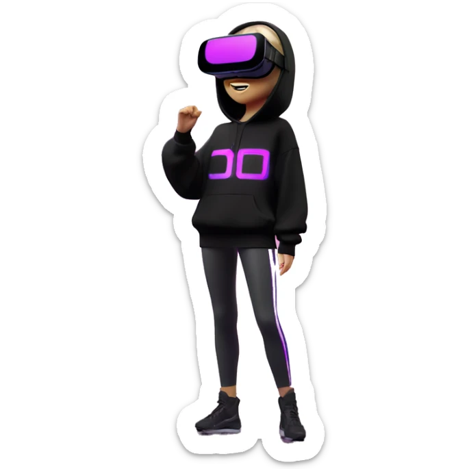 Russian girl wearing black hoody with violet letters "OMG", in vr headset oculus quest2. Dancing. Cyberpunk style. Violet neon. sticker