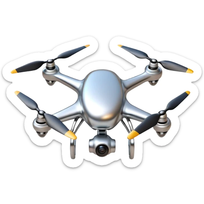 A futuristic drone emoji made of polished silver chrome, smooth rounded body, minimal propellers, reflective metallic surface, soft studio lighting, iOS emoji style, centered, clean white background sticker