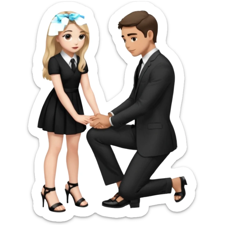  Sabrina carpenter kneeling down wearing a black dress with a tie with black heel sandals, putting her hand on man’s leg who is standing  sticker