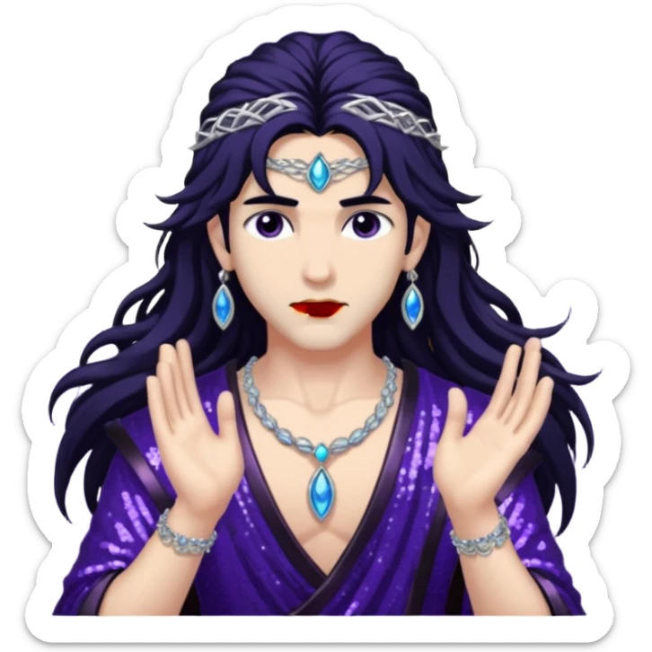 Boreas, God of North Wind from Gods and Goddesses with long black shaggy hair, dark purple sequin outfit sticker