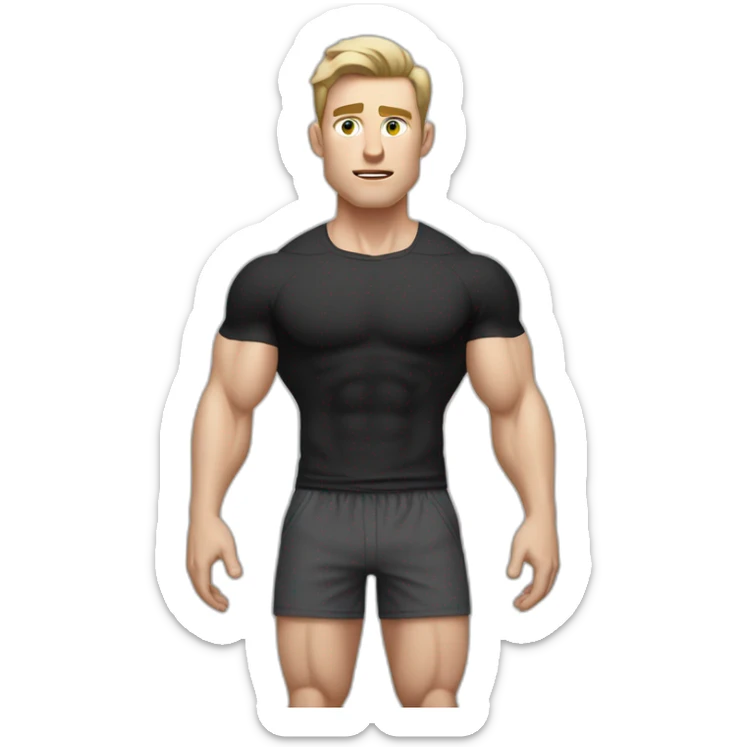 Confused Pale skinned Fit Man With the biceps and dark brown hair in black shirt, gray sports shorts and white Sneakers sticker