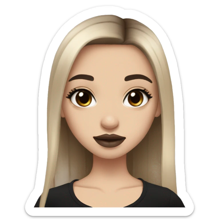 Slavic girl, light skin, goth eyes makeup, pink beige lips, brown eyes, long black-to-blonde ombre straight hair, black T-shirt, chibi, smiling. sticker