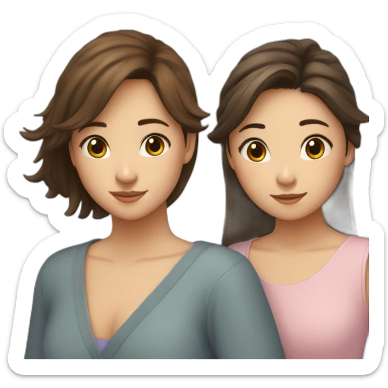 Two girls friends with brown hair, one with short hair, second asian with long hair hugging each other sticker