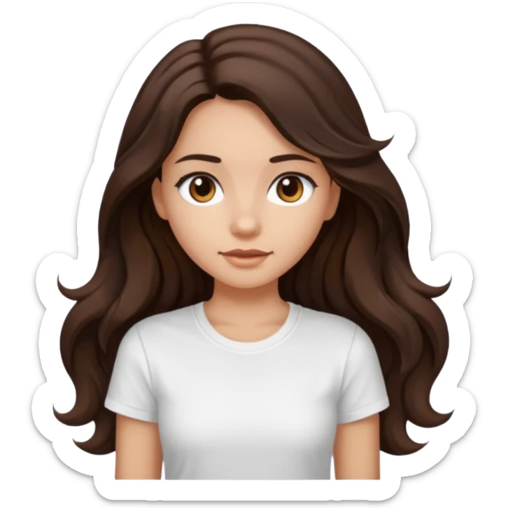 iOS style emoji. A girl with very long dark brown wavy hair. And the eyes color is dark brown. And she is wearing white t shirt  sticker