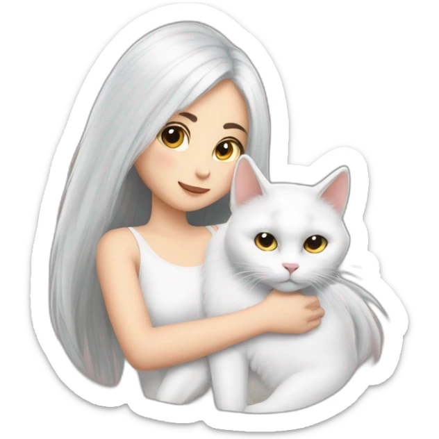 A girl with long dark hair and a white fluffy cat is lying on her right shoulder sticker