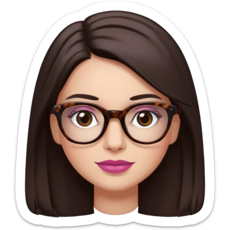 White woman with long straight dark brown hair parted in the middle, dark Brown eyes, light tortoiseshell framed glasses (no pink colour). The lips have soft dark old pink coloured lipstick, and lith smile (no teeth showing) sticker