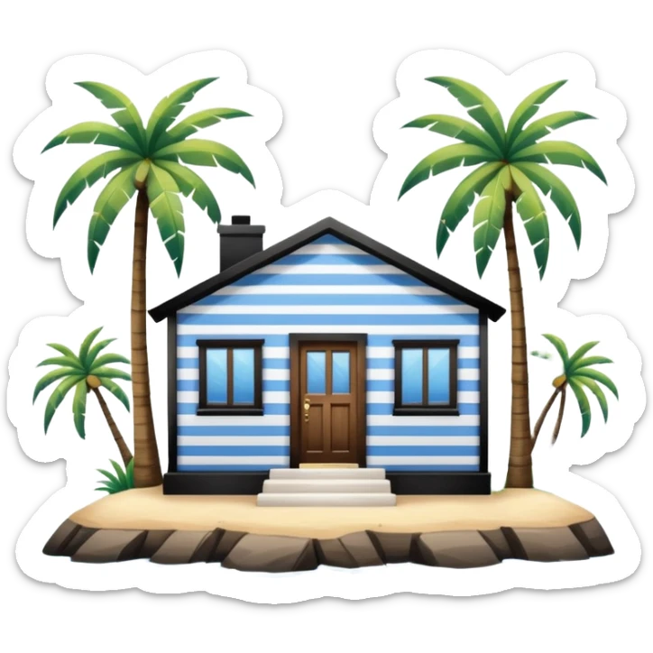 A square white and blue stripe house horizontally with wooden door on a island with palm trees sticker