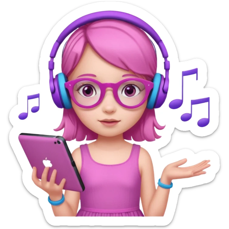 Little girl with purple headphones when pink eyes and pink iPad and pink dreamy background and rose colored glasses and blue music notes around her and pink dress sticker