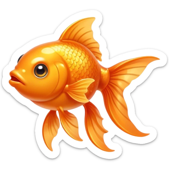 Cinematic Cute Orange Goldfish Portrait Emoji, Head tilted playfully and inquisitively, featuring a glossy, vibrant orange body with delicate, flowing fins, round, sparkling golden eyes filled with curiosity, Simplified yet irresistibly adorable features, highly detailed, glowing with a warm, friendly glow, high shine, affectionate and lively, stylized with a touch of whimsy, bright and endearing, soft glowing outline, capturing the essence of a mischievous yet loving goldfish, so playful it feels like it could swim out of the screen and into your heart! sticker