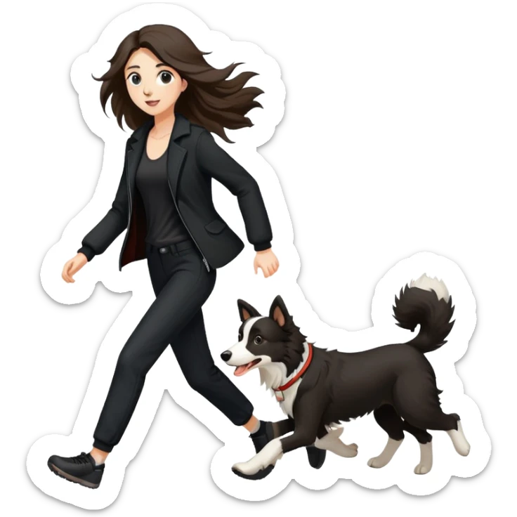 A beautiful tall girl with fair skin and long hair wearing a black jacket and black pants running with a Border Collie sticker
