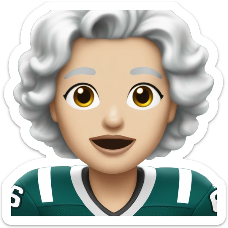 White female older female light skin light lips white hair short hair wavy hair blue eyes wearing Philadelphia eagles jersey cheering sticker