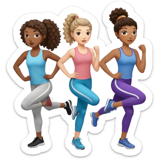 three women friends exercising together, one black woman with curly brown hair, one pale white woman with curly brown hair, and one white woman with straight brown hair in a ponytail sticker