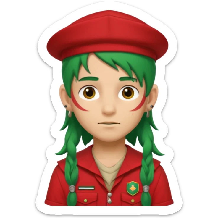 scout boy long hair face tatooes green haired, wearing red uniform with hat sticker