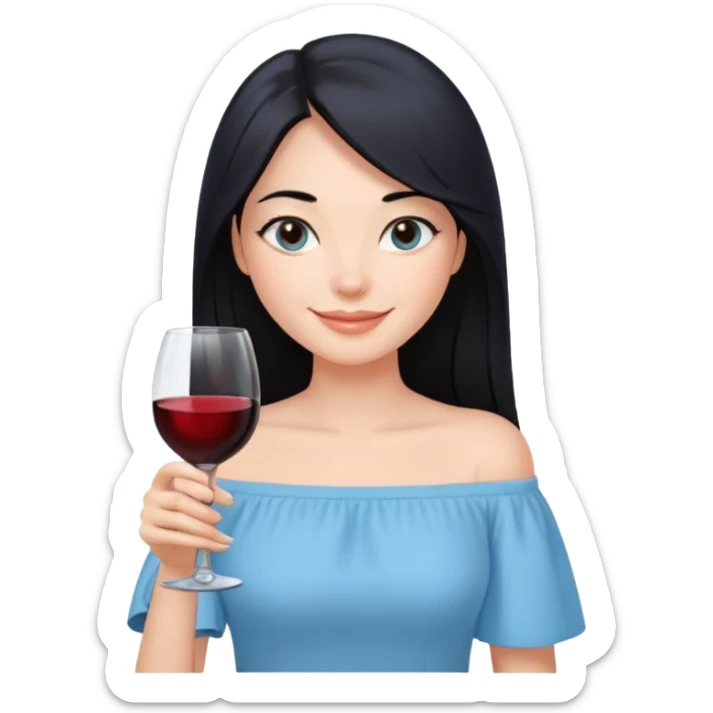 cewe ramah Kulit putih bersih, rambut hitam panjang sleek lurus. Pakai atasan biru muda off the shoulder . Pose tangan pegng wine, tatapan senyum percaya diri. viber girls boss sticker