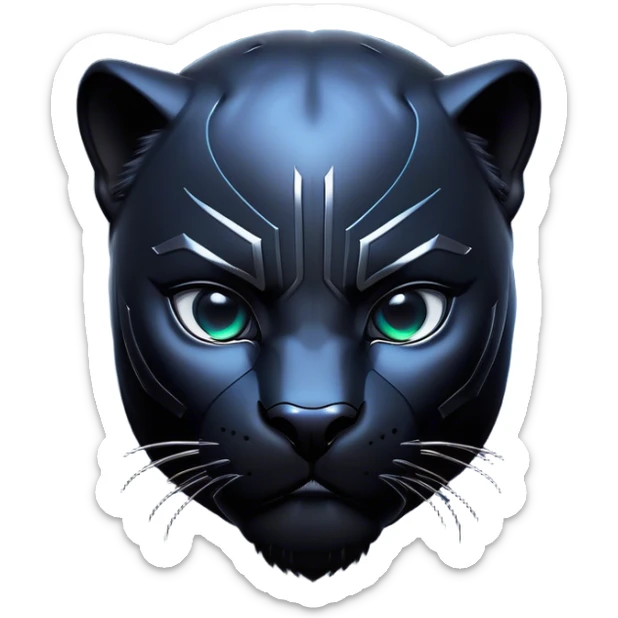 Cinematic Noble black Panther Portrait Emoji, Poised and regal, with a sleek, muscular build draped in glossy, midnight-black fur and piercing, luminescent eyes, Simplified yet sharp and sophisticated features, highly detailed, glowing with a soft, mysterious glow, high shine, intelligent and enigmatic, stylized with an air of stealthy authority, focused and commanding, soft glowing outline, capturing the essence of a watchful and confident jungle guardian that appears ready to prowl out of the screen with effortless authority! sticker