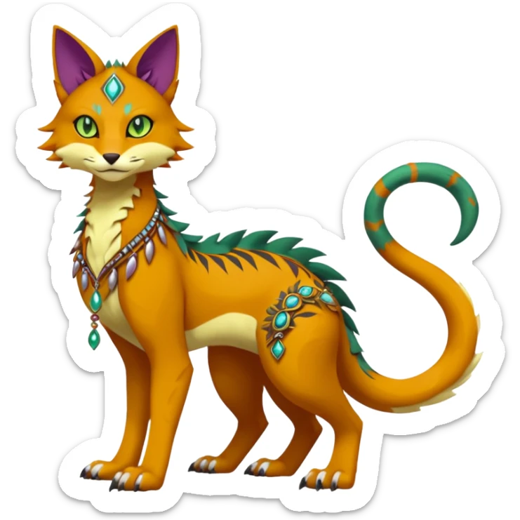 Kawaii cute reddish orangish yellowish greenish purplish exotic tribal beautiful pretty elegant divine edgy feline-vernid-sergal-Fakémon-Pokémon-Digimon-fursona-animal-creature with accessories, jewelries, full body, with intricate detailed markings sticker