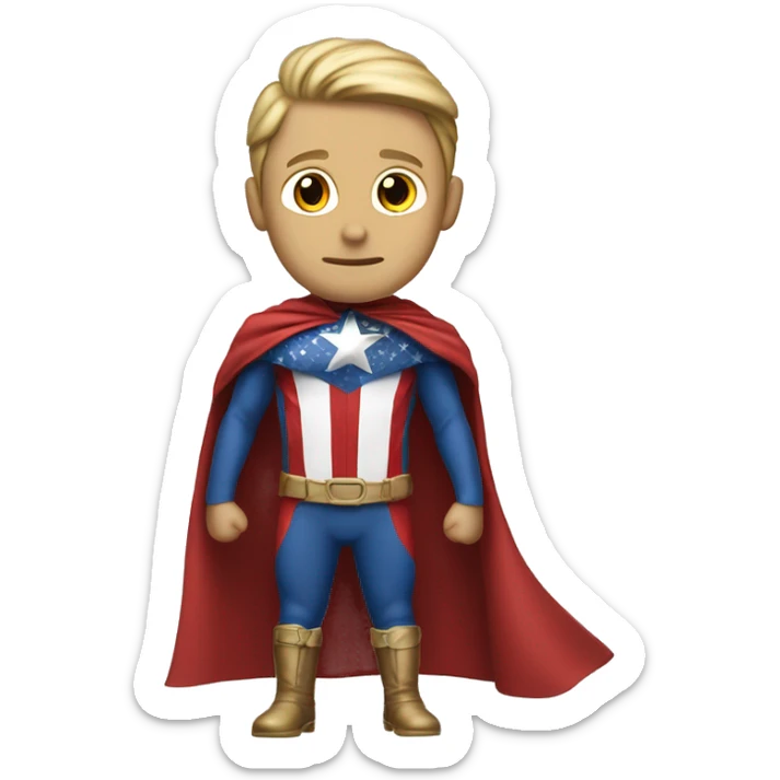 Emoji of Homelander from ‘The Boys’ series. USA flag-inspired costume with cape (red, blue, white). Confident, slightly menacing expression. sticker