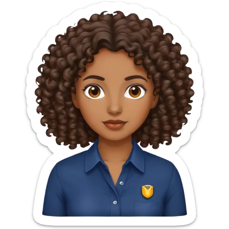 brown skin woman with dark brown curly hair wearing a navy blue shirt sticker
