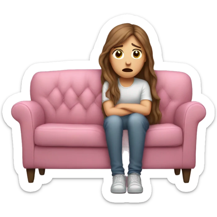 sad white girl with long brown hair crying on the cozy pink couch  sticker