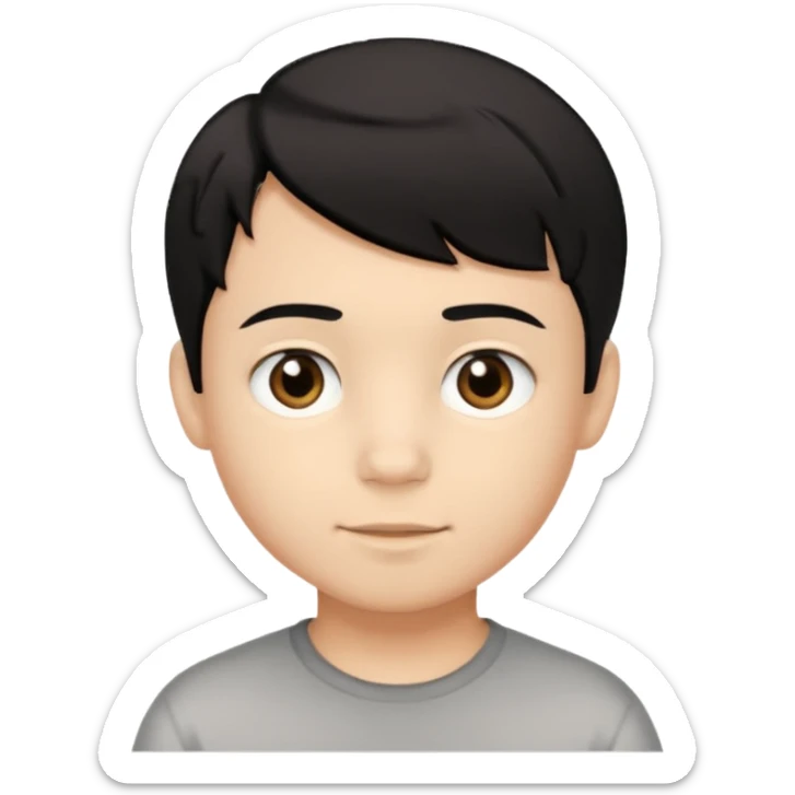 Simple iOS-style emoji of a young boy with short, slightly messy black hair, a round face, large brown eyes, and a small neutral smile sticker