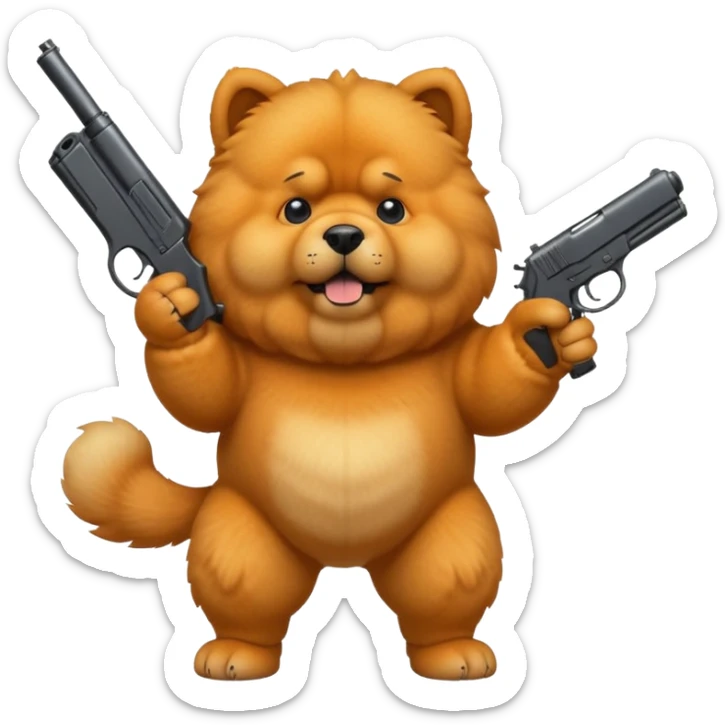 Funny cartoon-style chow chow dog standing on its hind legs and holding a gun menacingly sticker