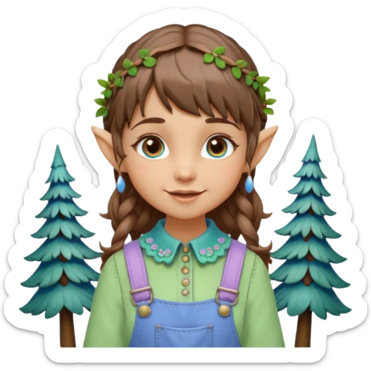 Kind happy whimsical quirky Girl toymaker, wood carving elf. Woodland nature creator. Blue eyes. Short bob, brown wavy hair with bangs. Whimsical playful cute. Overalls with nature embroidered cute shirt collar. Light green, light purple and light blue colour aesthetic  sticker