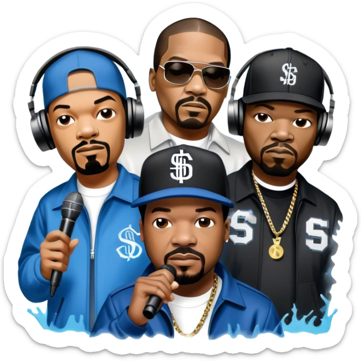 Icon for Rap Music: collage of rap legends—Snoop Dogg, Ice Cube, Dr. Dre, and 50 Cent. Iconic elements include microphones, headphones, and urban street elements like graffiti. Bold, energetic vibe with a hip-hop style. Transparent background. sticker