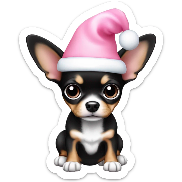 black & tan chihuahua puppy full body light blue eyes pink christmas hat on sticker