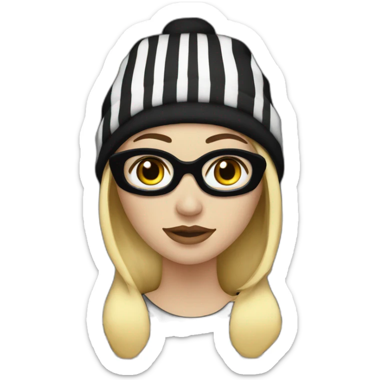 blonde woman in fully black beanie hat, black eye mask and striped shirt sticker
