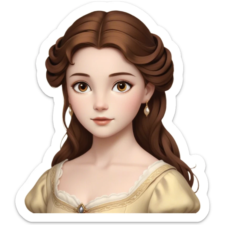 Cinematic Realistic Belle Portrait, depicted with lifelike skin texture, soft natural lighting, and intricately detailed brown hair styled elegantly. Her deep, expressive eyes exude warmth and intelligence, complemented by a serene and graceful expression. She is dressed in her classic attire, with rich fabric textures and delicate folds that catch the light beautifully. The portrait features a soft, enchanting glow with a natural, radiant finish, capturing the essence of timeless beauty in a realistic and painterly style, evoking a sense of depth and authenticity. sticker