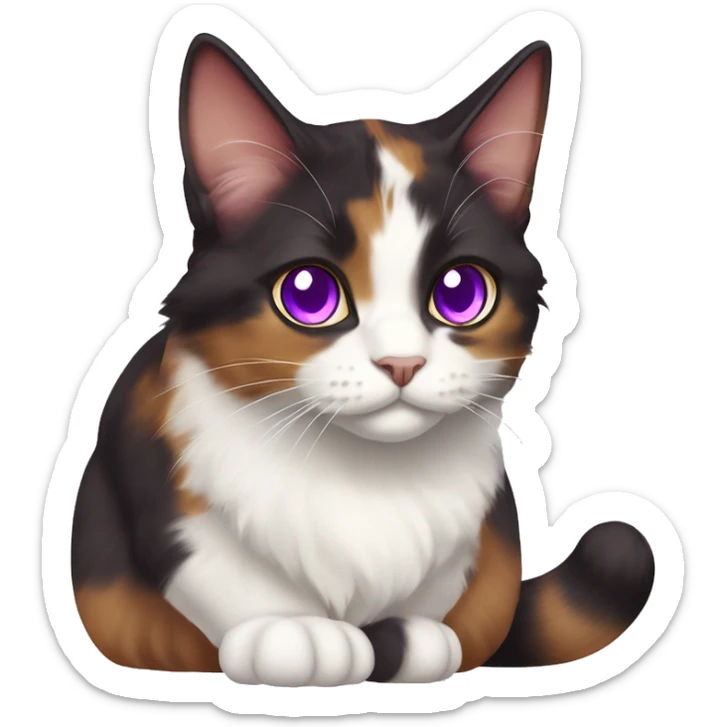 Calico cat with purple eyes and white pupils, dark brown, red, and white color, Munchkin fluffy cat, purple eyes sticker
