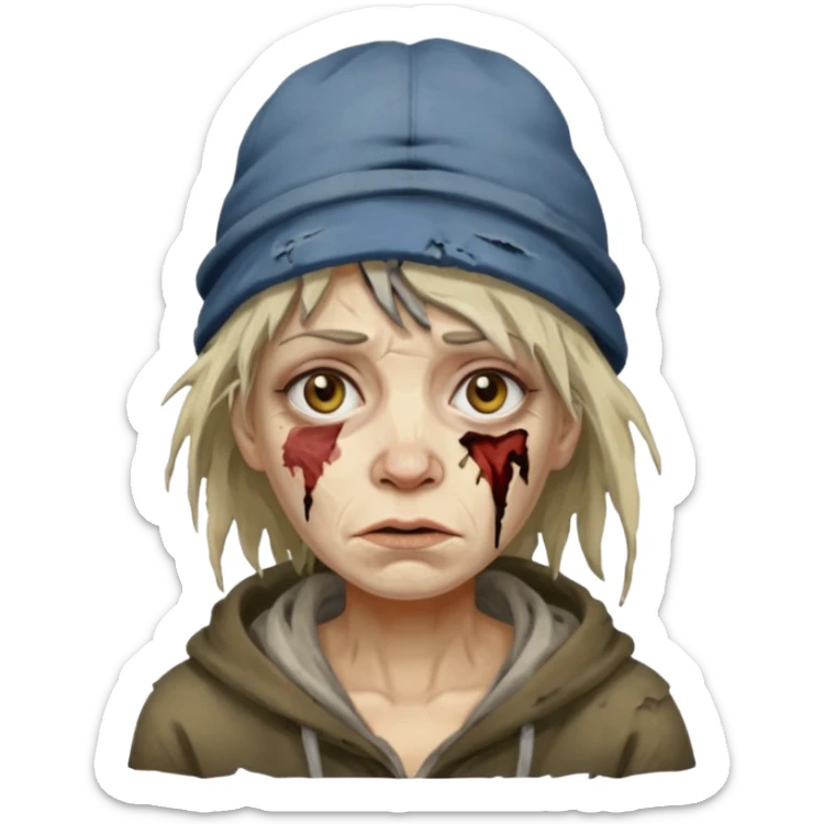 very dirty looking homeless woman with ripped hat and smudged face with ugly hair sticker