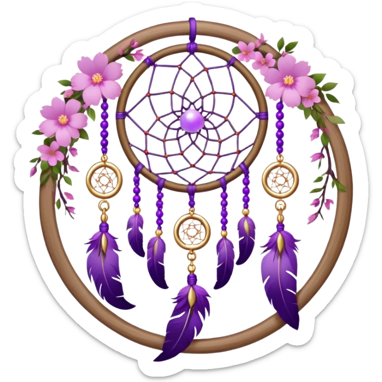 A white-wooden-circle-framed Dreamcatcher. with purple-round-orbs, gold-rings hanging down. purple flowers, pink sakura flowers, sticker