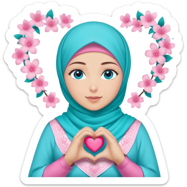 Turkish beautiful finish Konya girl blue eyes with light turquoise sakura and pink hijab islamic dress and making heart with hands and with thank you text sticker