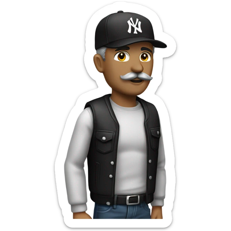 Homme, 40 ans, cheveux courts noir, moustache, casquette noir yankees noir sticker