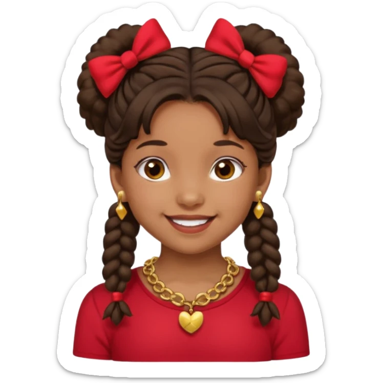 Brownskin girl dark brown hair fluffy. pigtails with red bows brown eyes smiling closed mouth red shirt gold esrrings gold necklace sticker