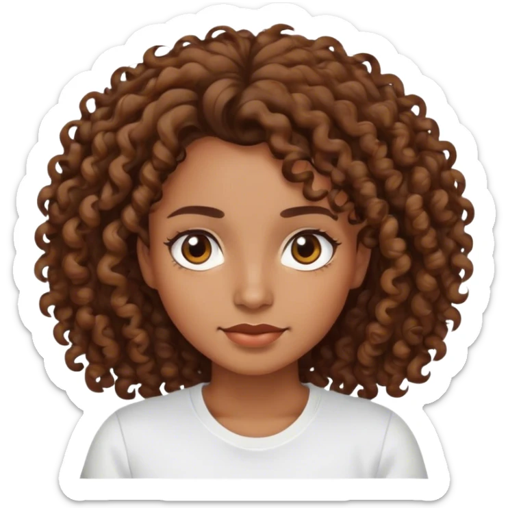 Femme cheveux bouclés sans volume brune avec les yeux marrons et un t-shirt blanc sticker