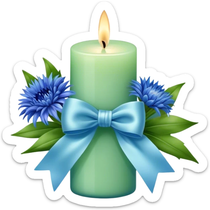 Chanel candle in blue and green with a light blue bow and cornflower bouquet  sticker