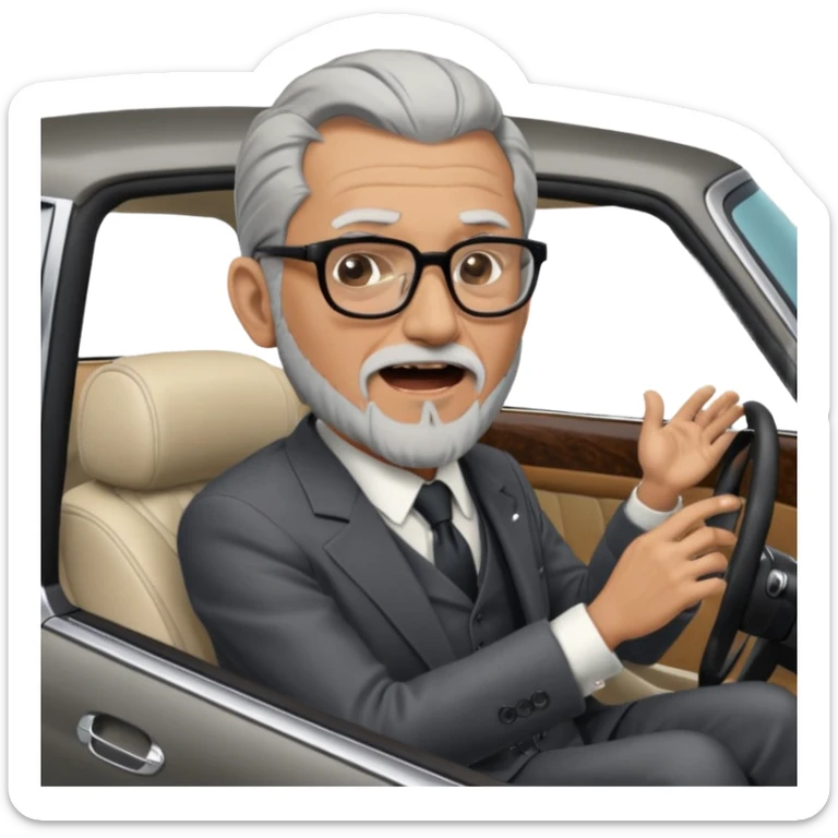 Professor Bentley Dyed black gray hair  frencb beard graying indian guy in suit sitting in a bentley car and screaming fraud. Older look around 60 yrs  with glasses slight balding sticker